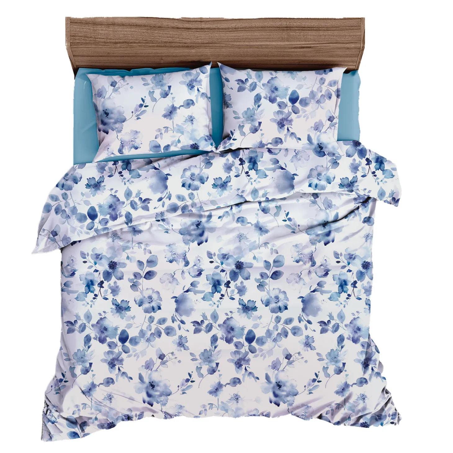 Bettwäsche mit blauen Aquarell-Blüten