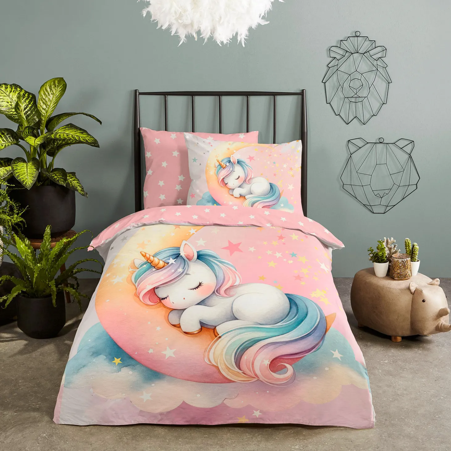 Bettwäsche mit Einhorn auf Mondsichel