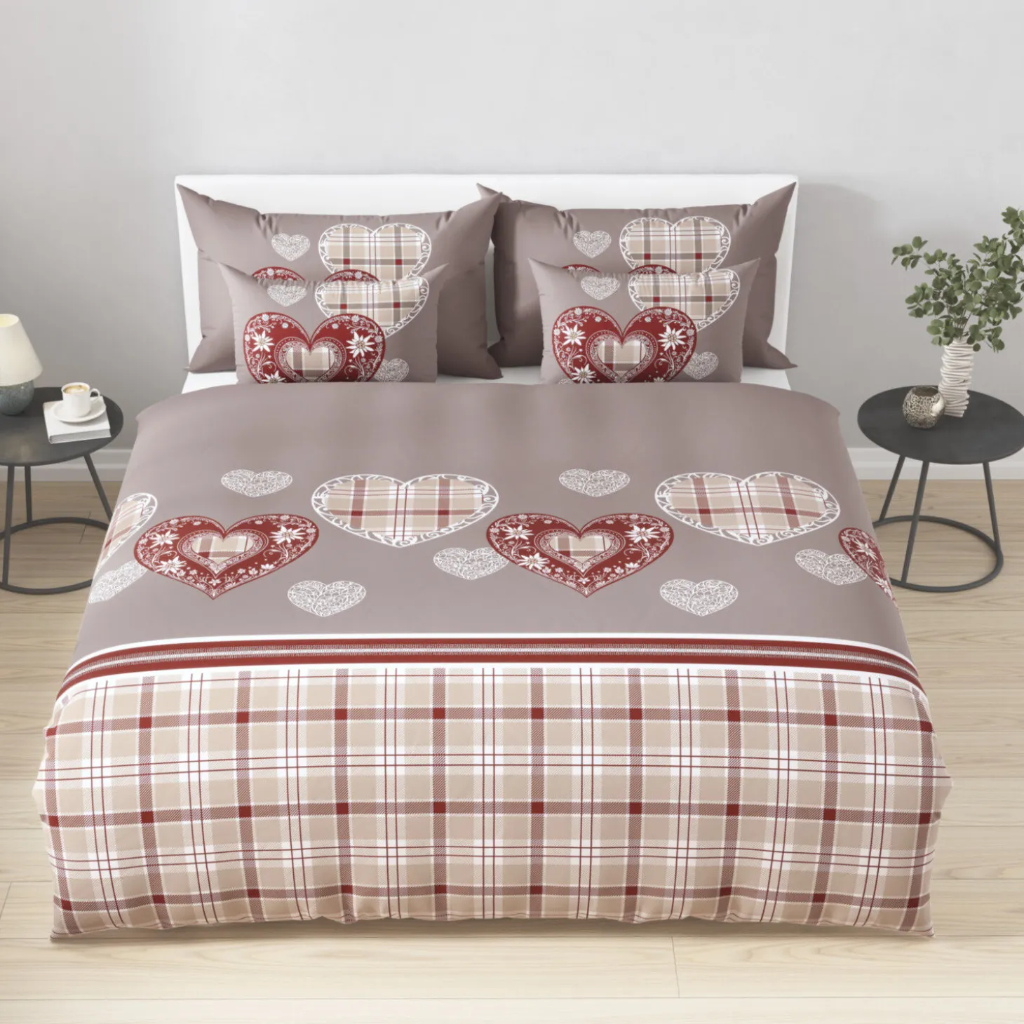 Bettwäsche mit Herzen und Karomuster im Landhausstil