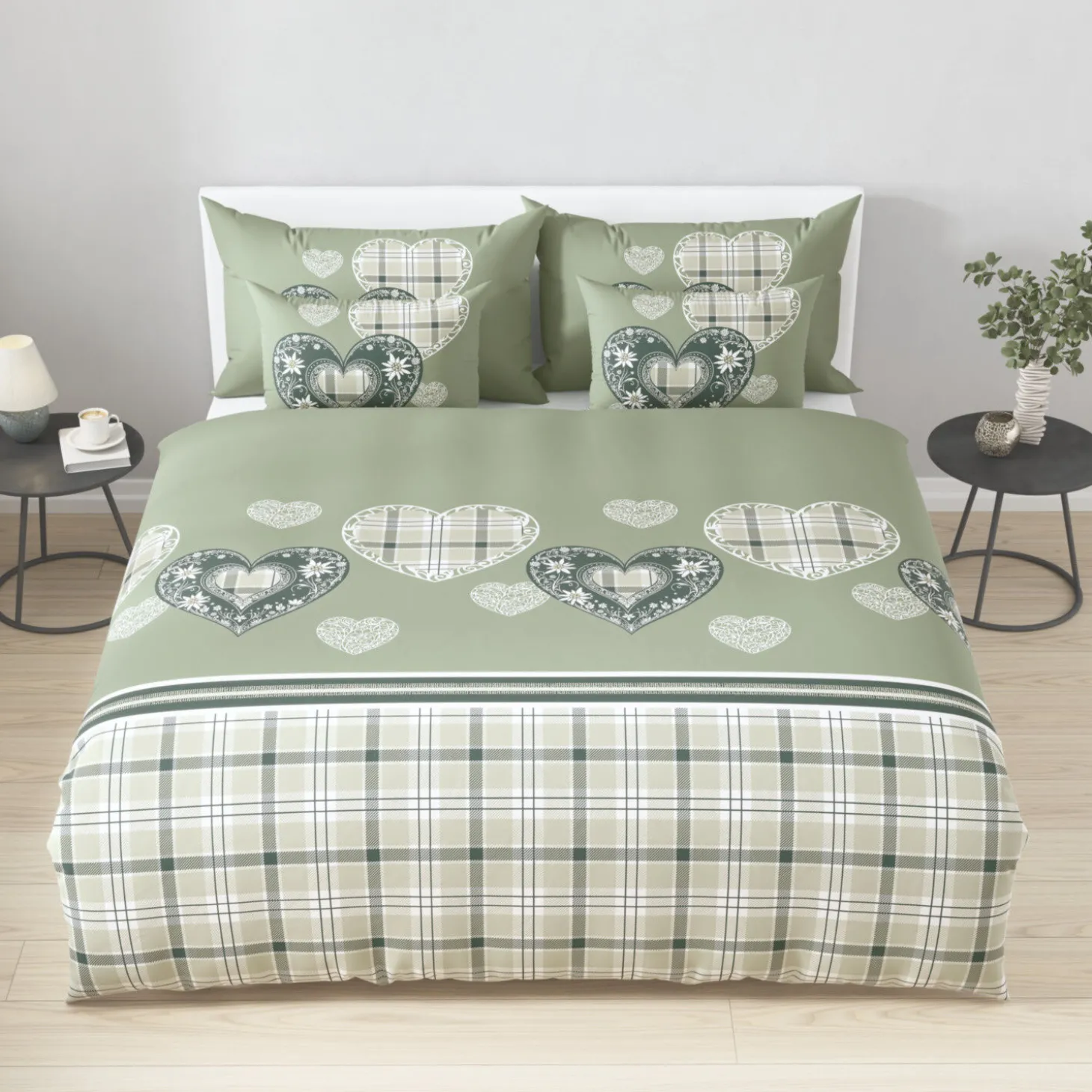 Bettwäsche mit Herzen und Karomuster im Landhausstil
