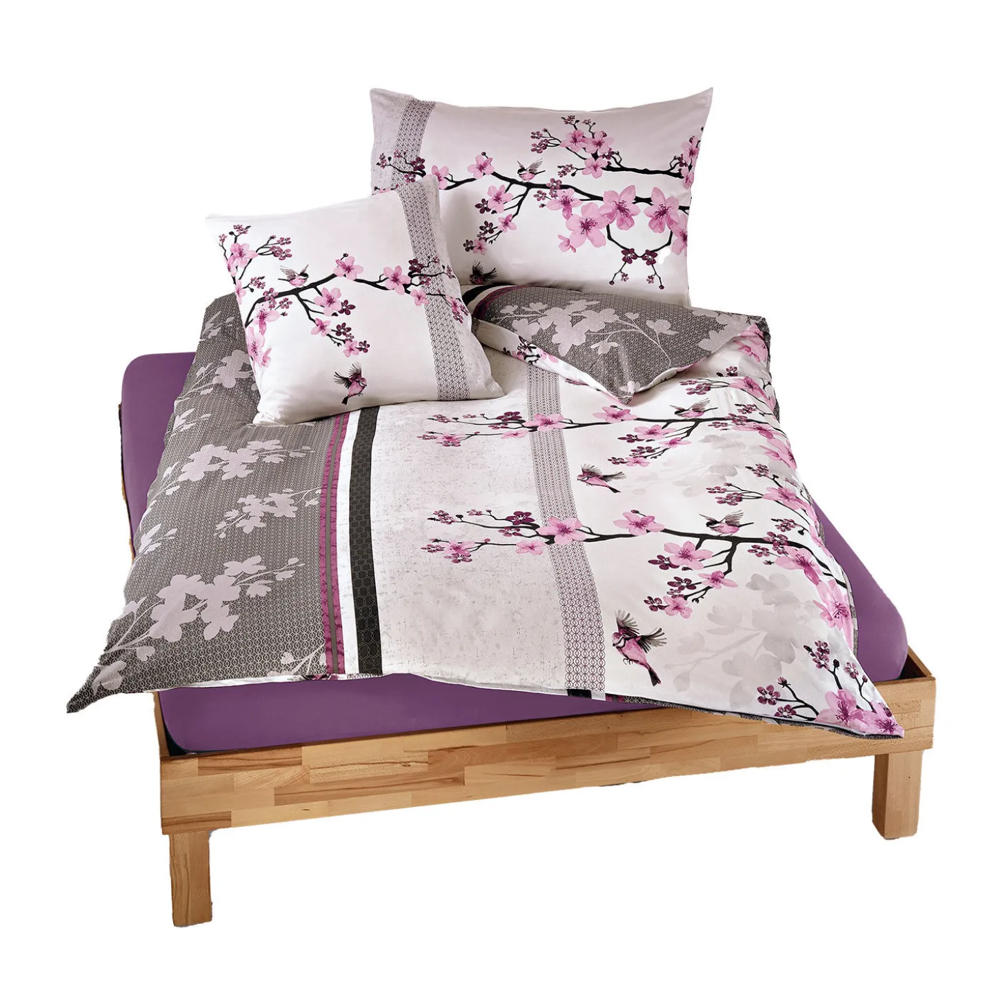 Bettwäsche mit Kirschblüten in schönen violett-anthrazit Farbtönen