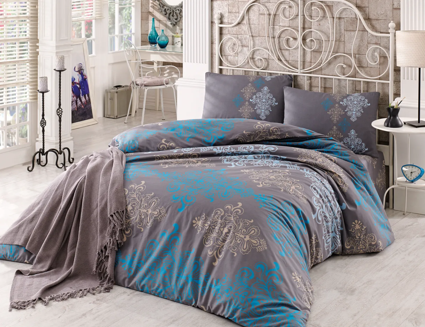 Bettwäsche mit Ornamenten braun-blau