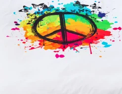Bettwäsche mit Peace-Zeichen auf buntem Untergrund