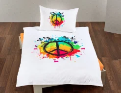 Bettwäsche mit Peace-Zeichen auf buntem Untergrund
