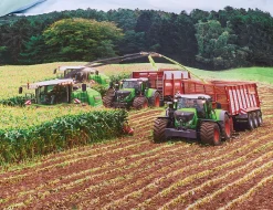 Bettwäsche roter Mähdrescher bei der Feldarbeit