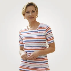 Gestreiftes Rundhals T-Shirt mit kleinen Seitenschlitzen