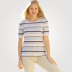 Gestreiftes Rundhals T-Shirt mit kleinen Seitenschlitzen