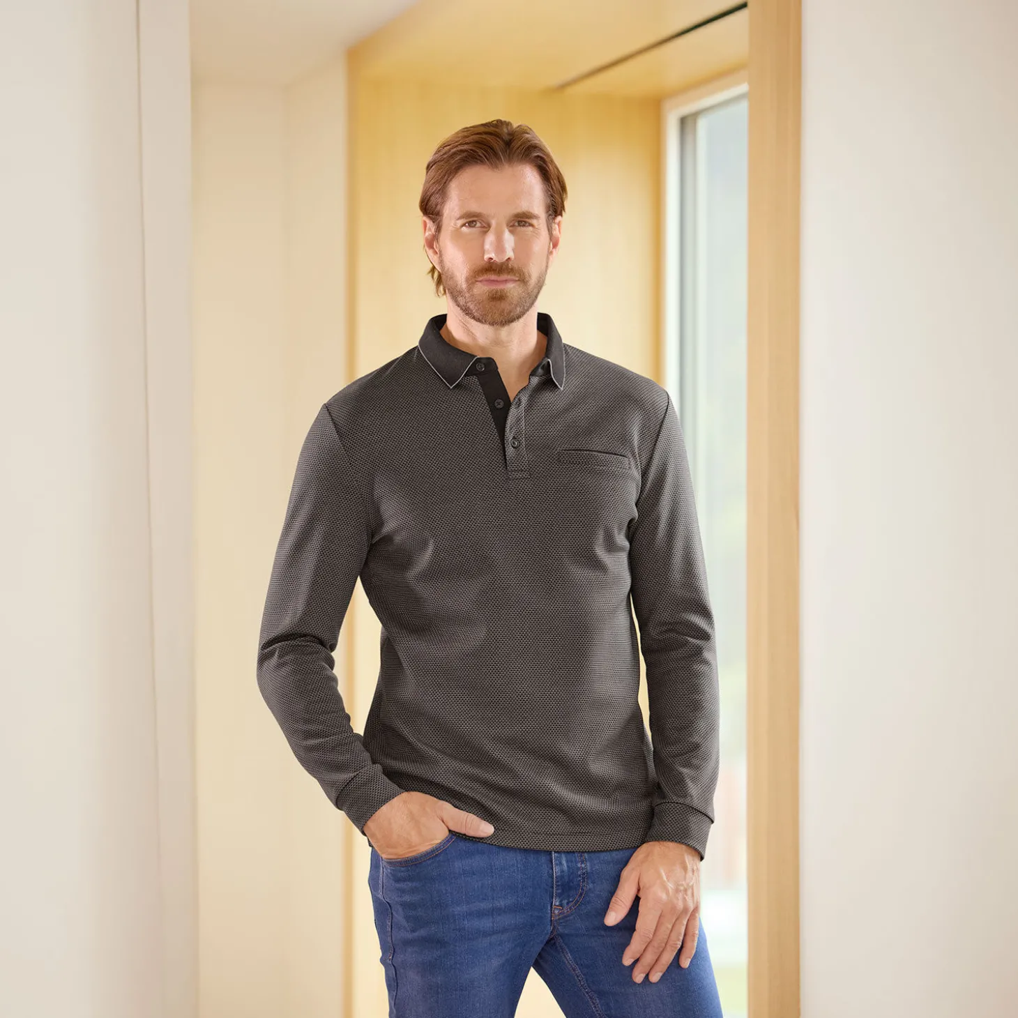 Herren Langarm-Poloshirt mit Brusttasche