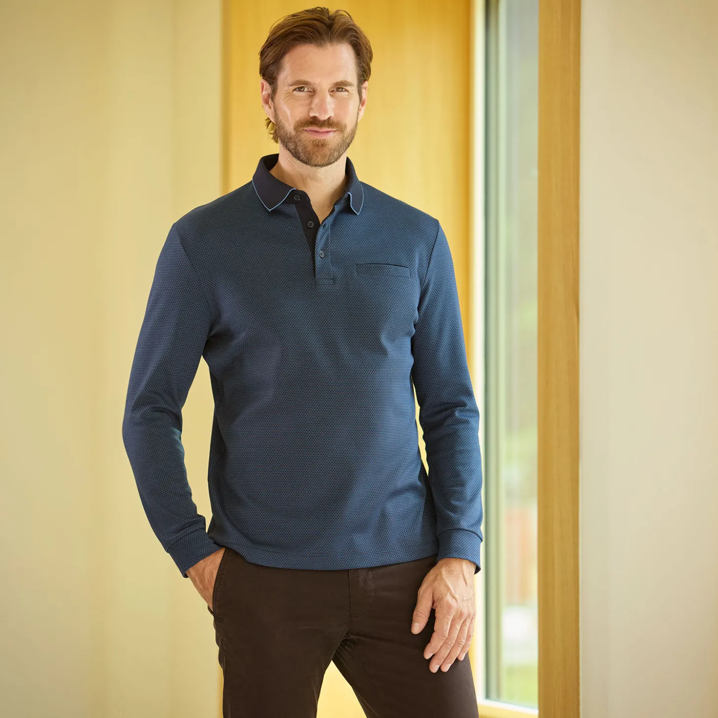 Herren Langarm-Poloshirt mit Brusttasche