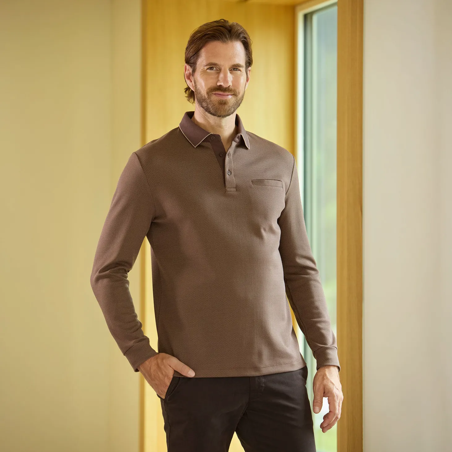 Herren Langarm-Poloshirt mit Brusttasche