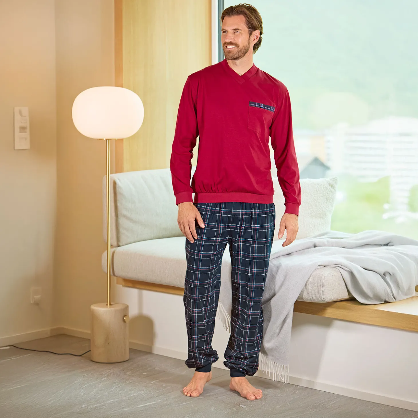 Herren Langarmpyjama Baumwolle rot-blau