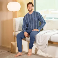 Herren Langarmpyjama Baumwolle blau