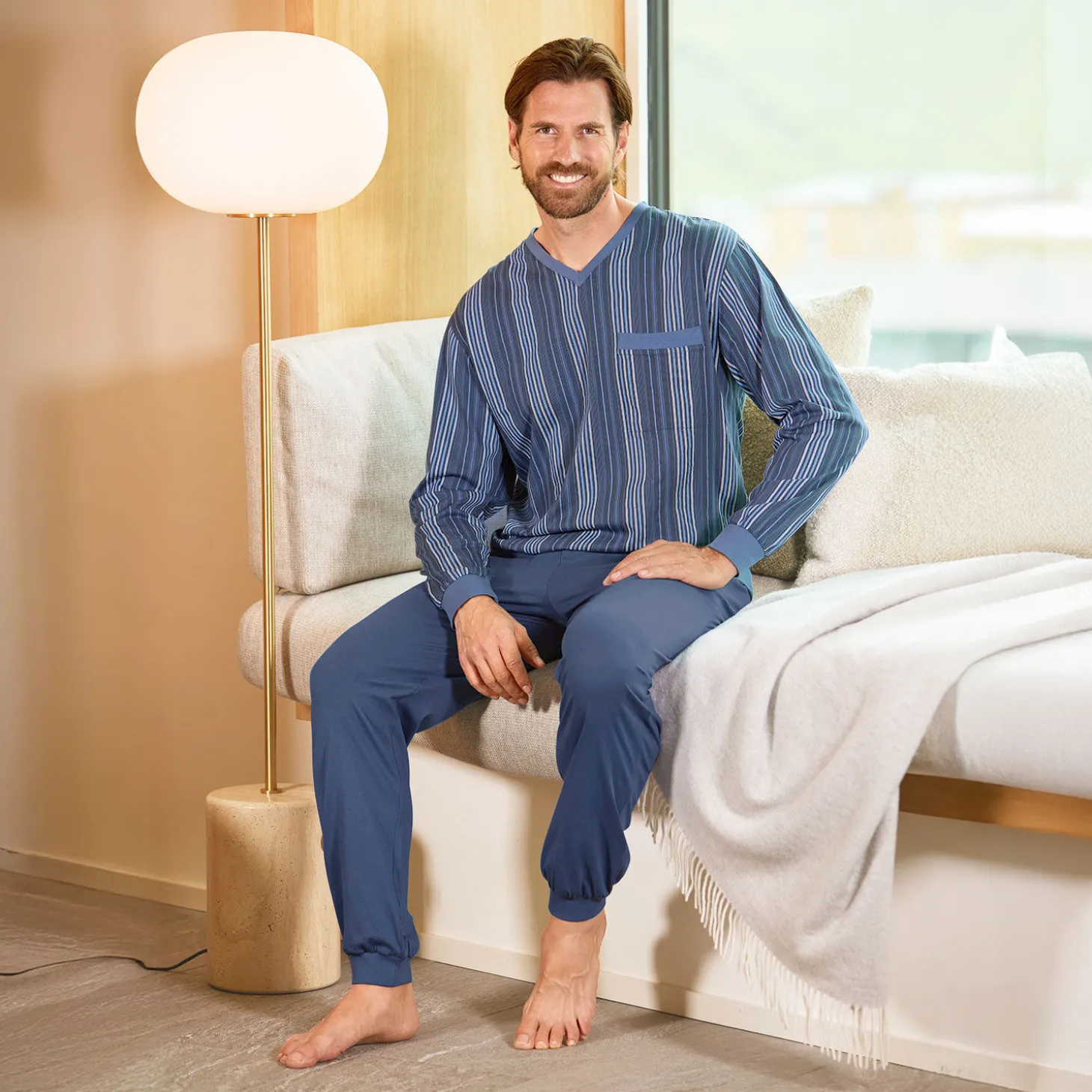 Herren Langarmpyjama Baumwolle blau