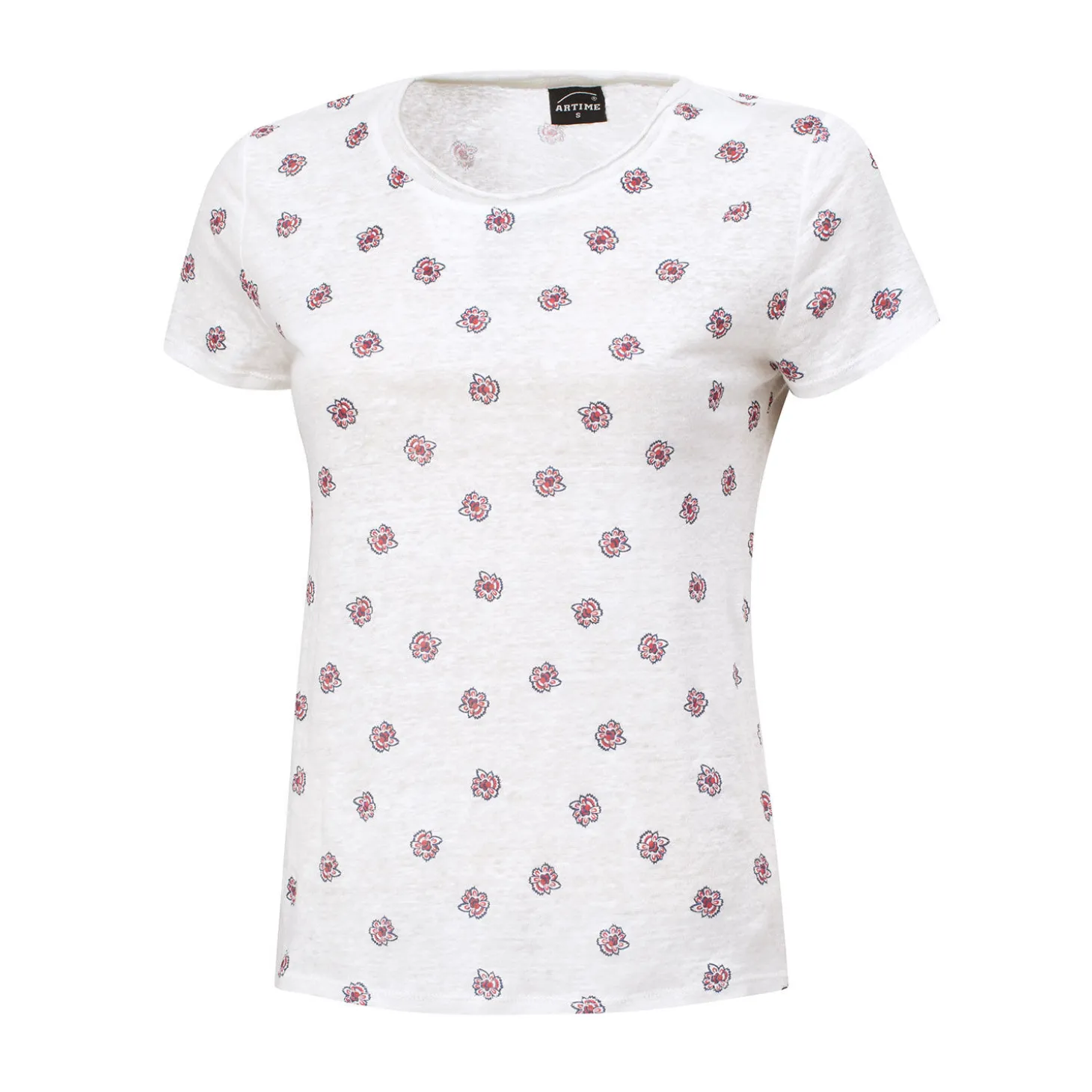 Leinen T-Shirt mit Allover-Print und Rundhalsausschnitt