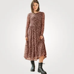 Midi Kleid langarm mit Animal Print