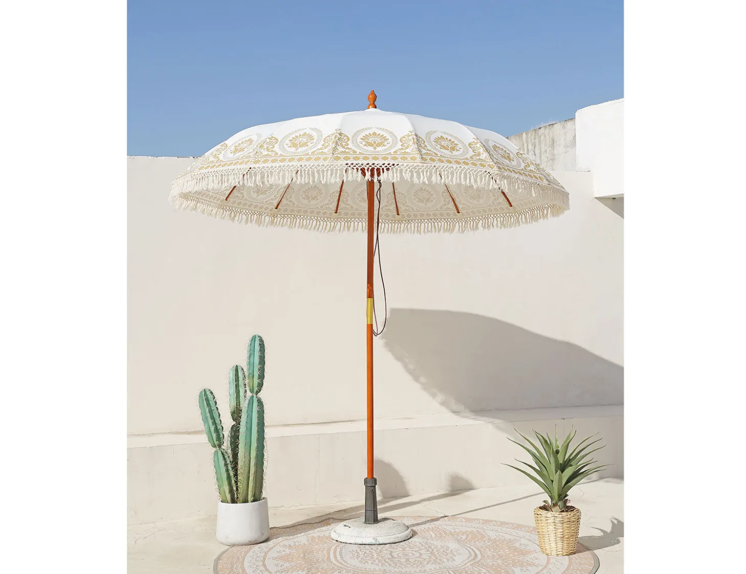 Sonnenschirm India mit Aufdruck und Fransen