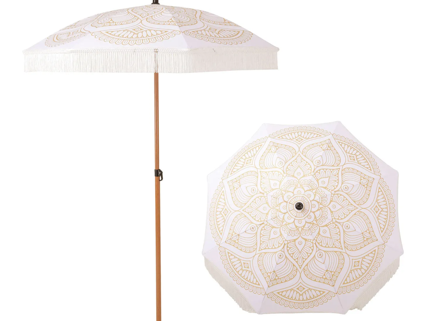 Sonnenschirm Mandala weiss mit Aufdruck und Fransen