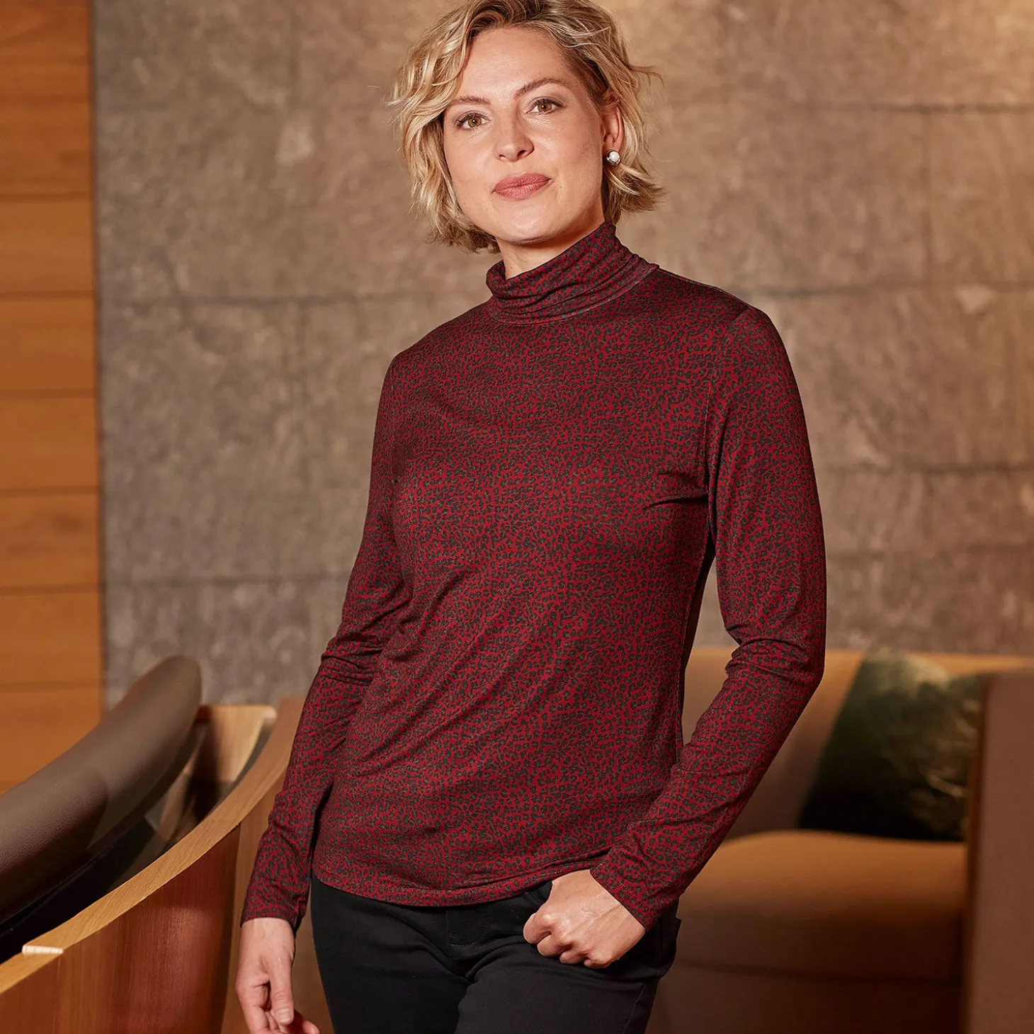 Stretch Rollkragenshirt Damen Animal-Print