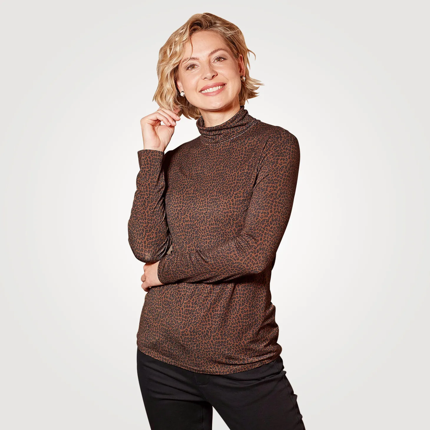 Stretch Rollkragenshirt Damen Animal-Print