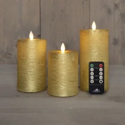 Stumpenkerzen 3er-Set – Akkubetrieben,Echtwachs, Gold