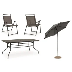 Tisch mit 6 Stühlen und Sonnenschirm