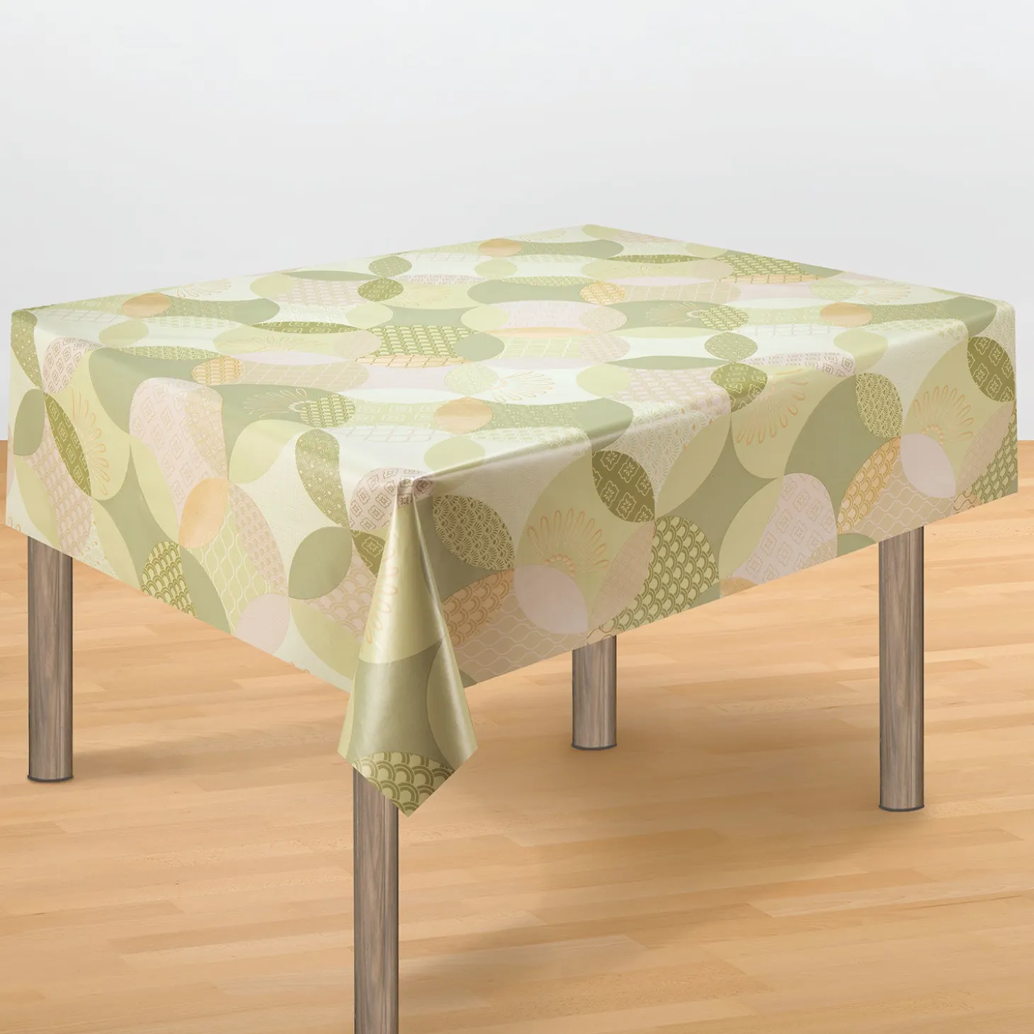 Tischdecke mit feinem Kreismuster in hellen Farbtönen