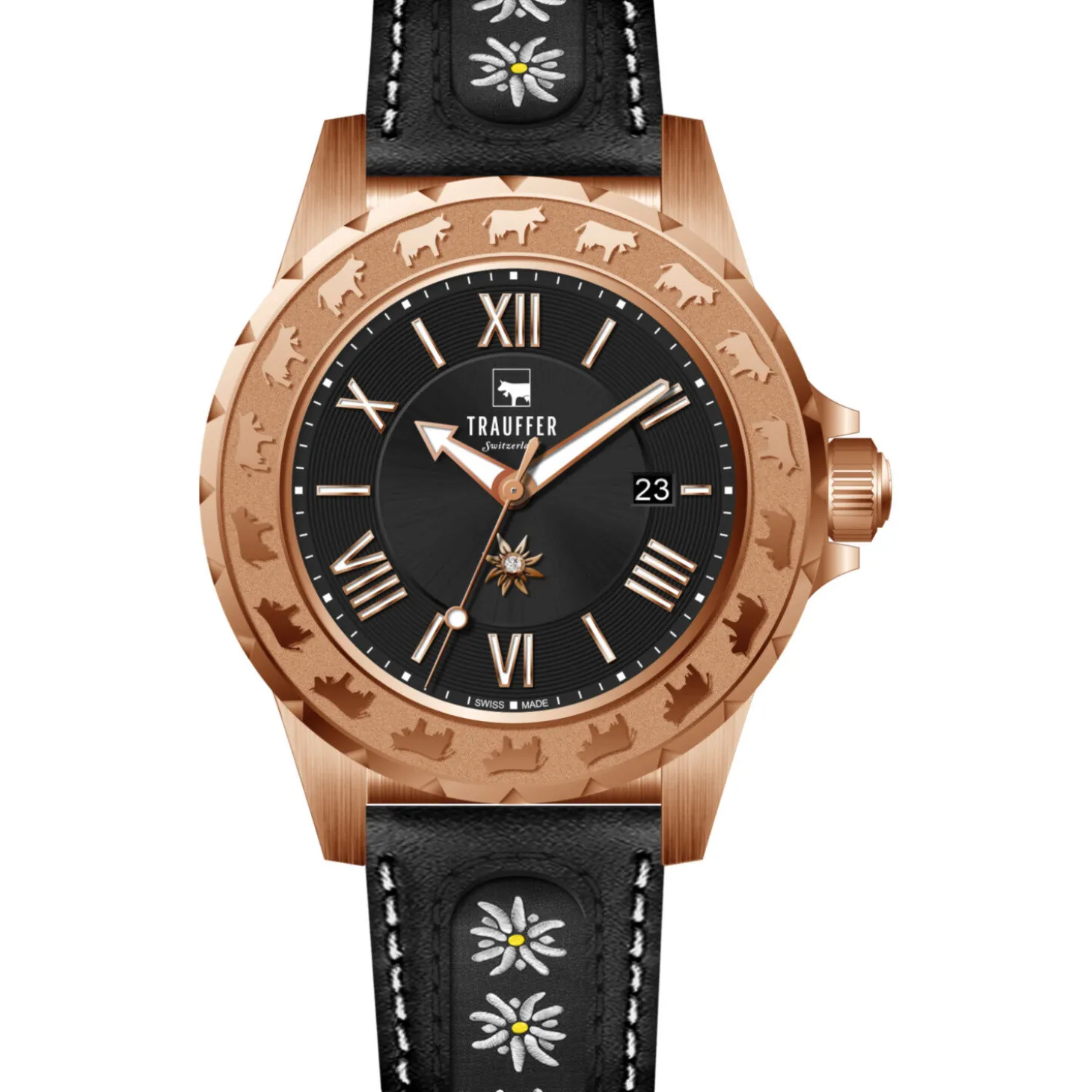 Trauffer Damen Uhr mit PU-Lederband Schwarz/Roségold