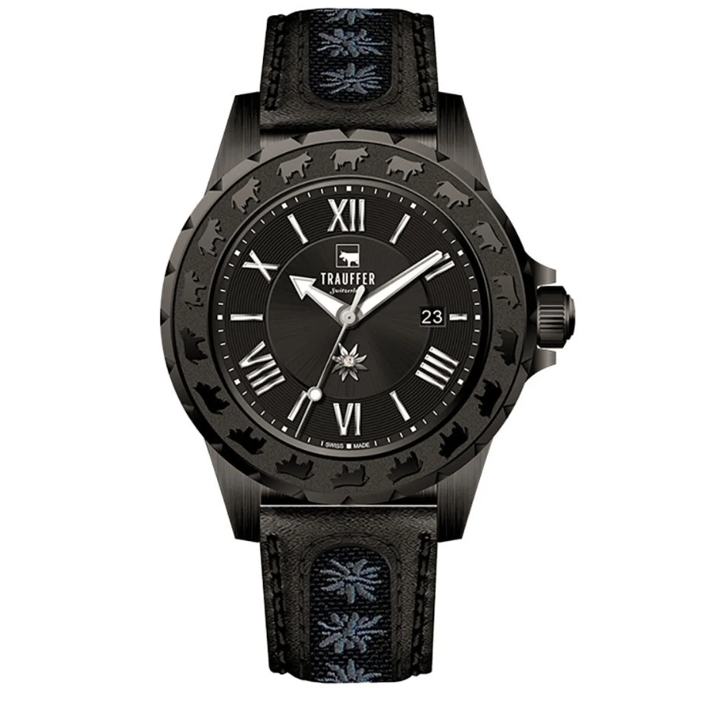 Trauffer Herrenuhr mit Pu-Lederband und Edelweiss Schwarz