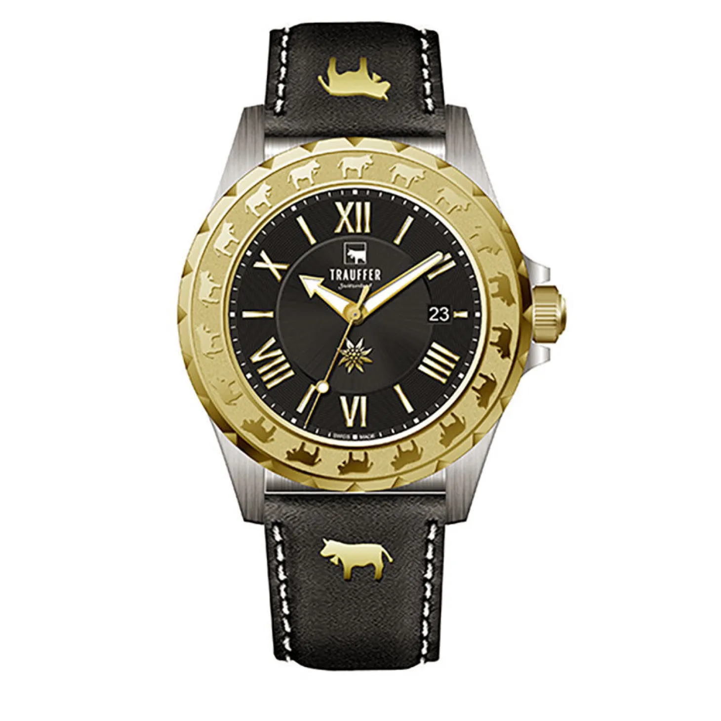 Trauffer Herrenuhr mit PU-Lederband Schwarz/Gold