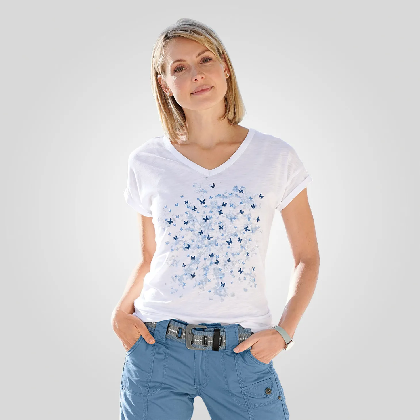 V-Neck T-Shirt mit Sommerprints